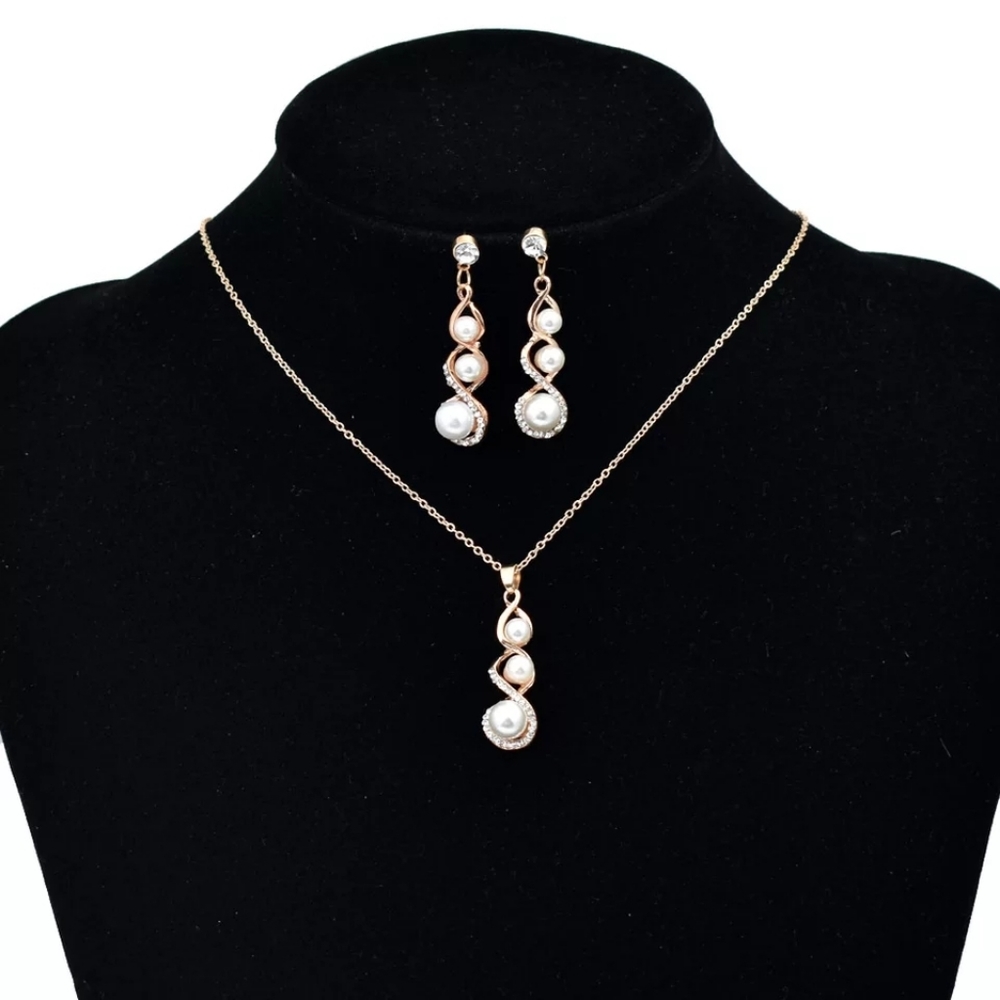 Gold Pearl Trio Necklace & Earring Set